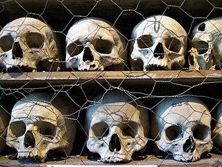 A close-up of skulls in the St. Leonard's Ossuary.